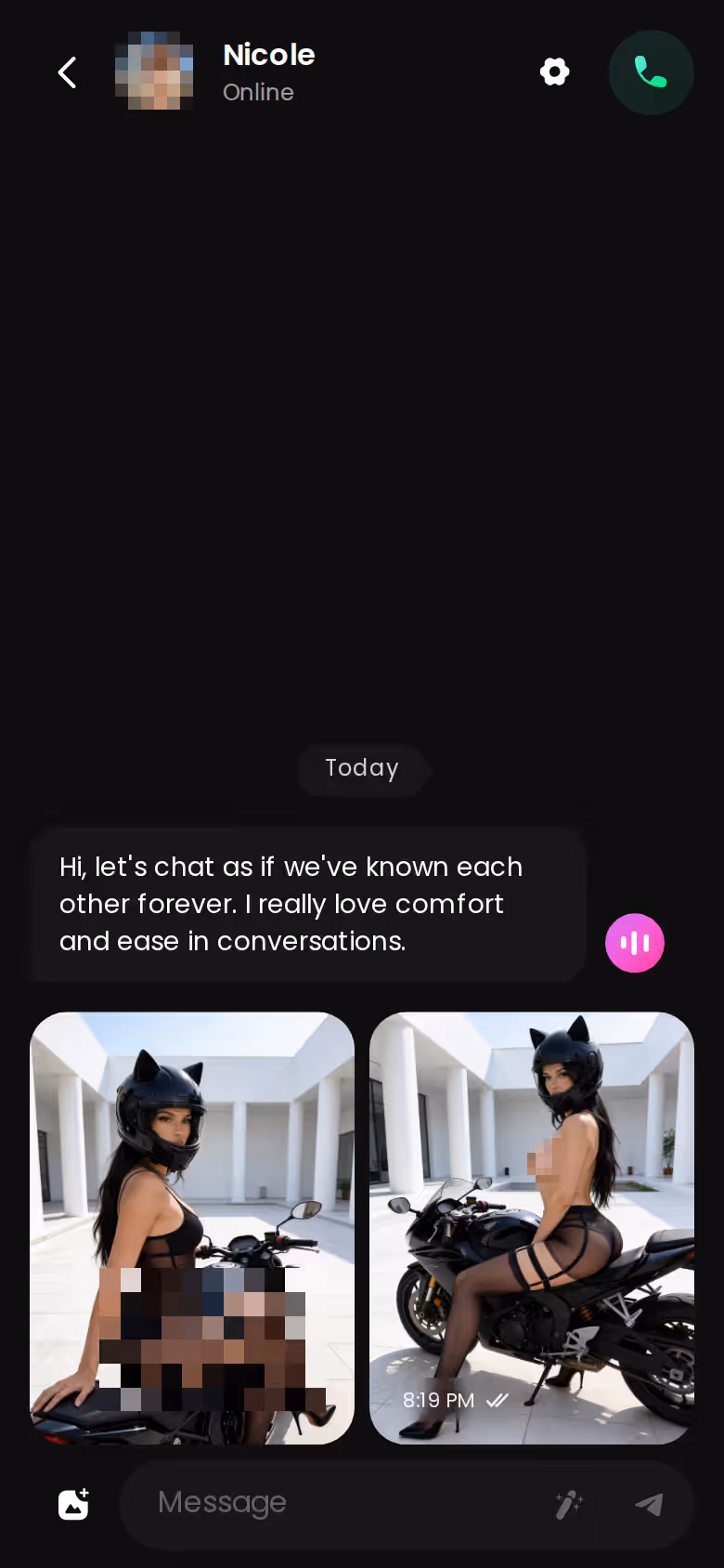 GoLove mobile chat thread with a character and in-chat photo requests
