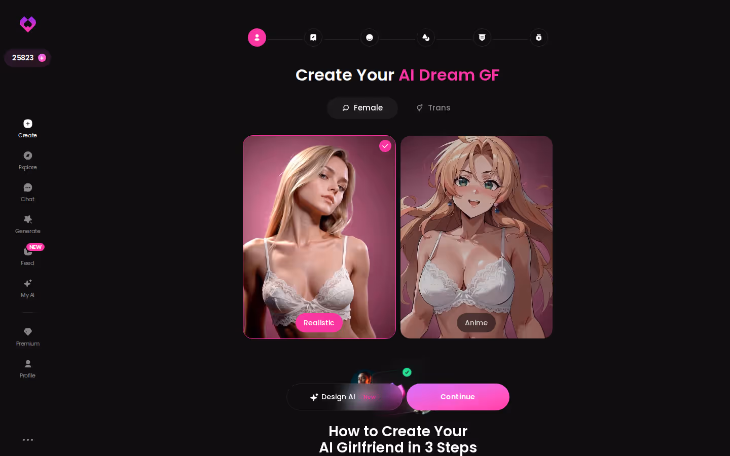 GoLove character creation wizard start screen on desktop with Realistic, Anime and Trans options