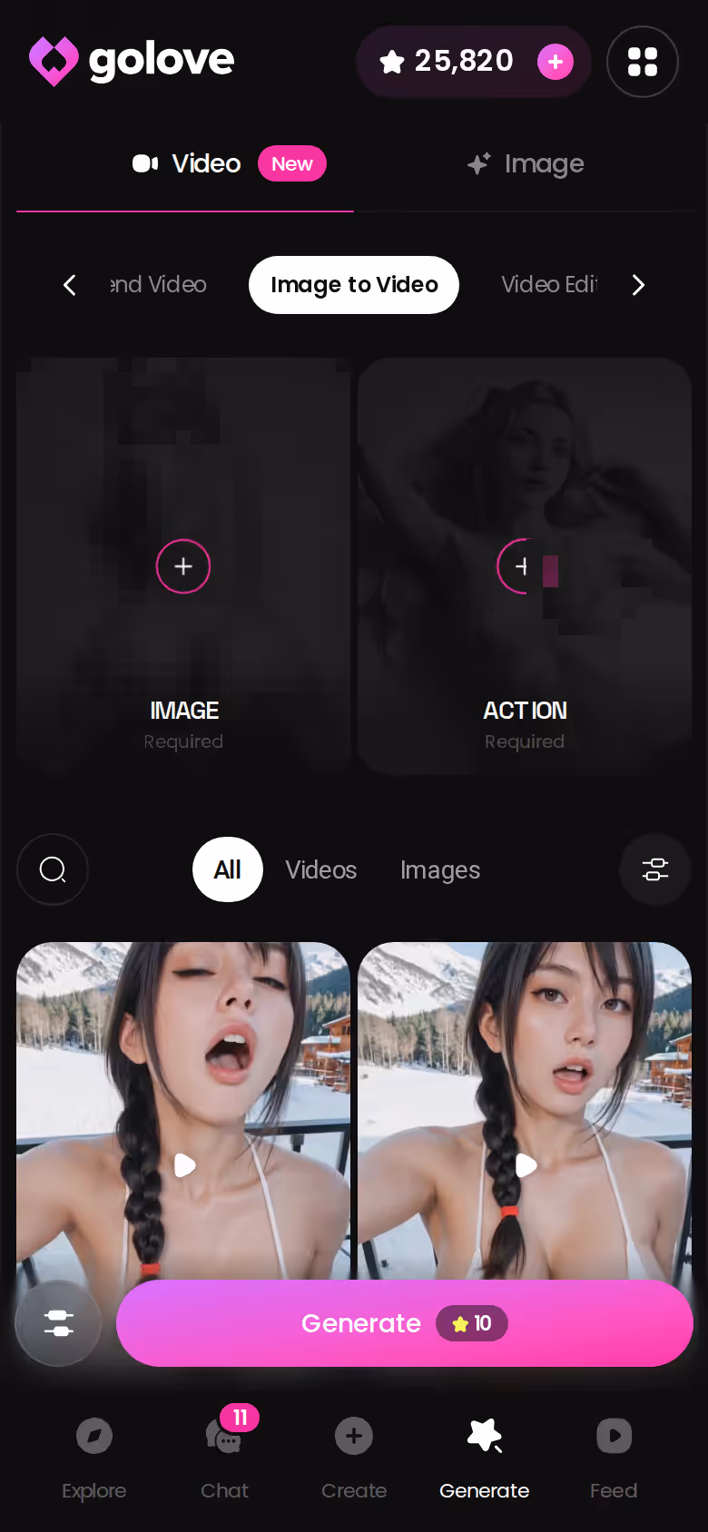 GoLove.ai generator in Image to Video mode on mobile