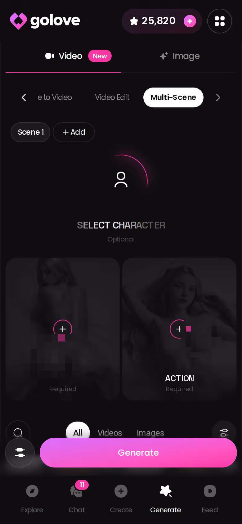 GoLove Multi Scene on mobile, building one clip from several moments