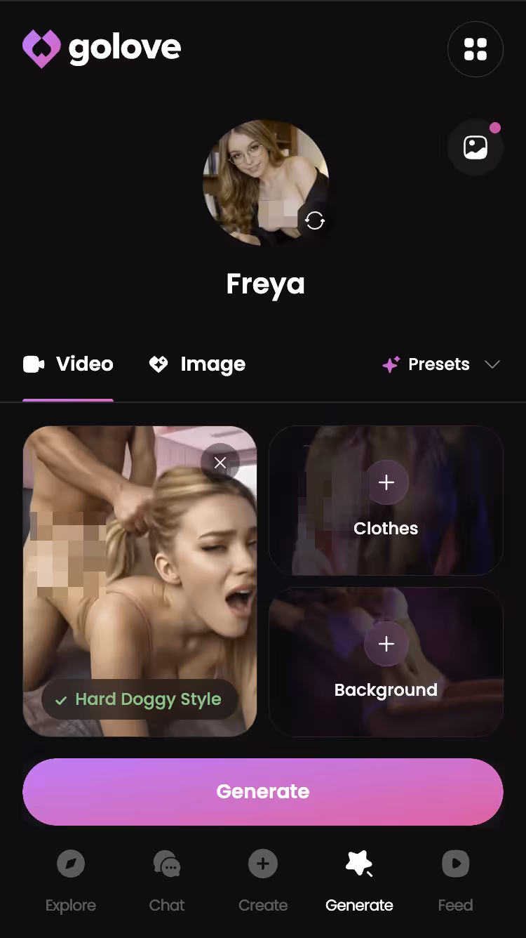 Explicit action preset selected in the GoLove.ai video generator — vampire porn